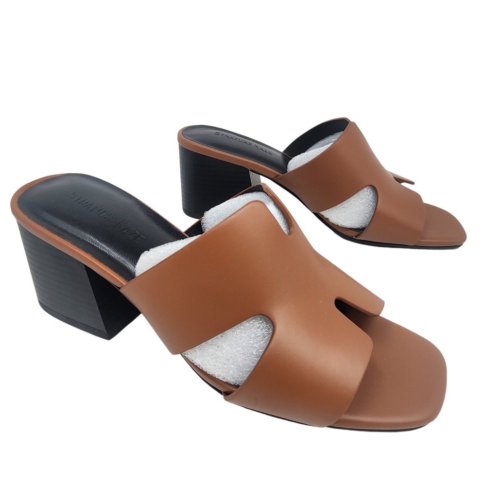 Stratuxx Kaze Womens Tan Brown H-Cutout Block Heel Mule Sandals‎ Square Toe US 7